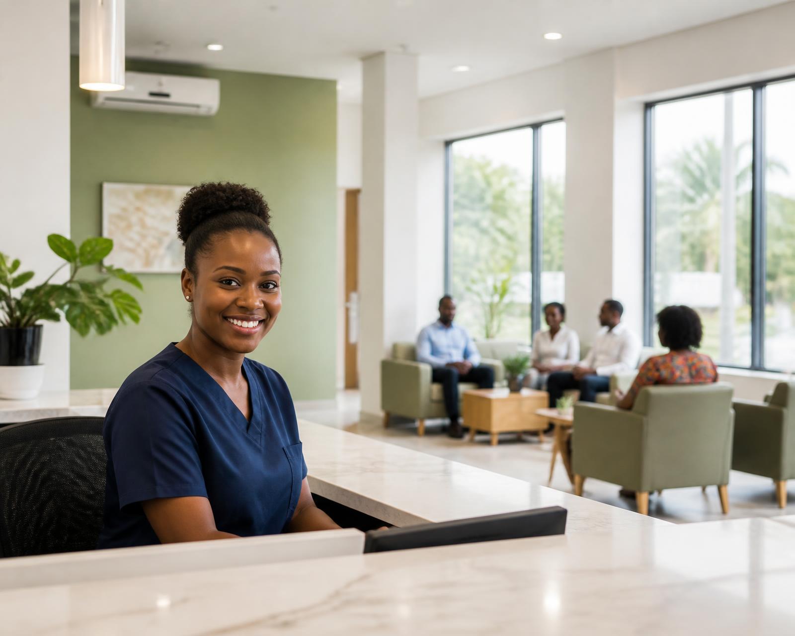 Smiling receptionist in navy scrubs at the front desk of a bright modern clinic, with patients seated in the waiting area behind her