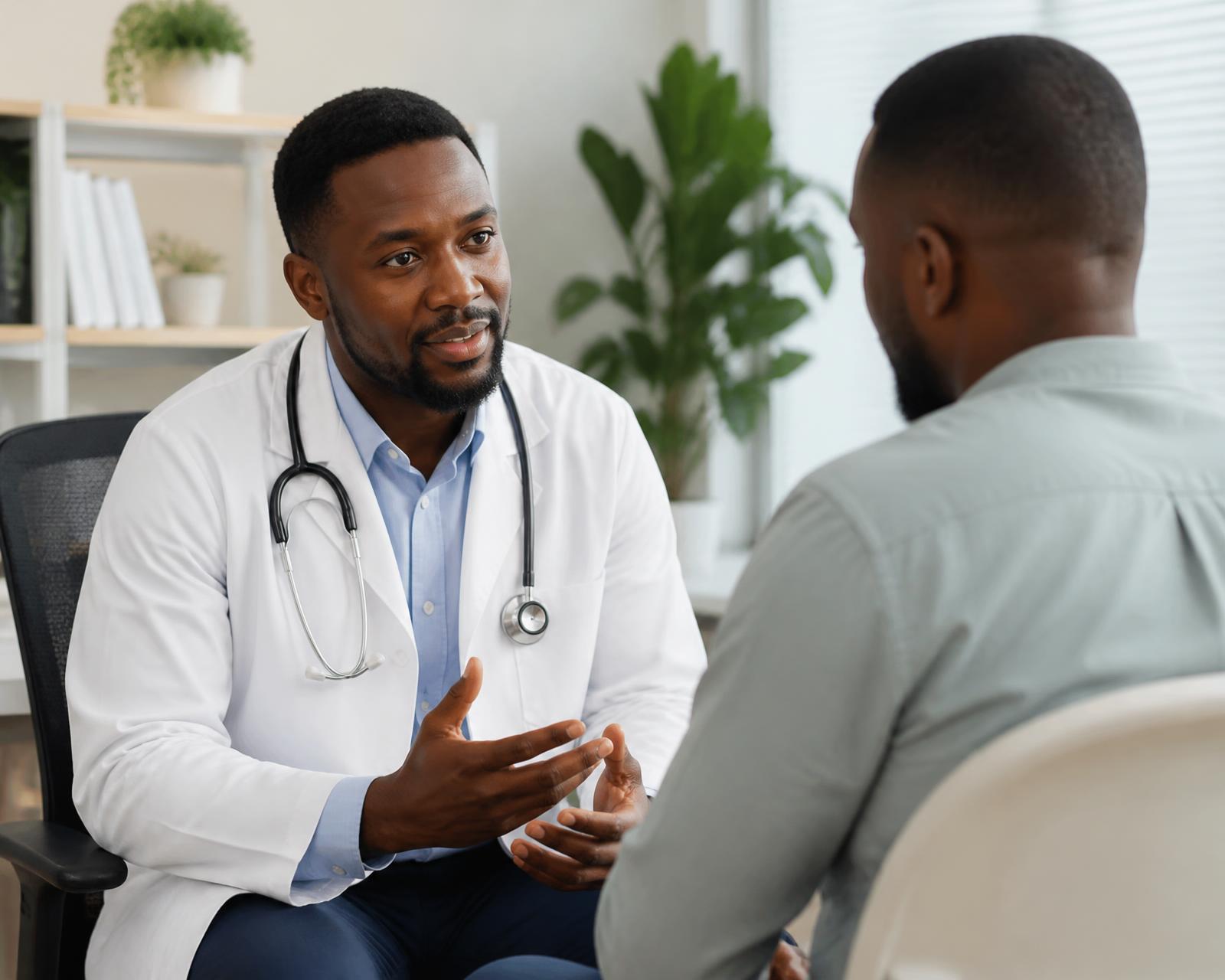 Doctor in a white coat with a stethoscope explaining a treatment plan to a seated patient in a sunlit consulting room