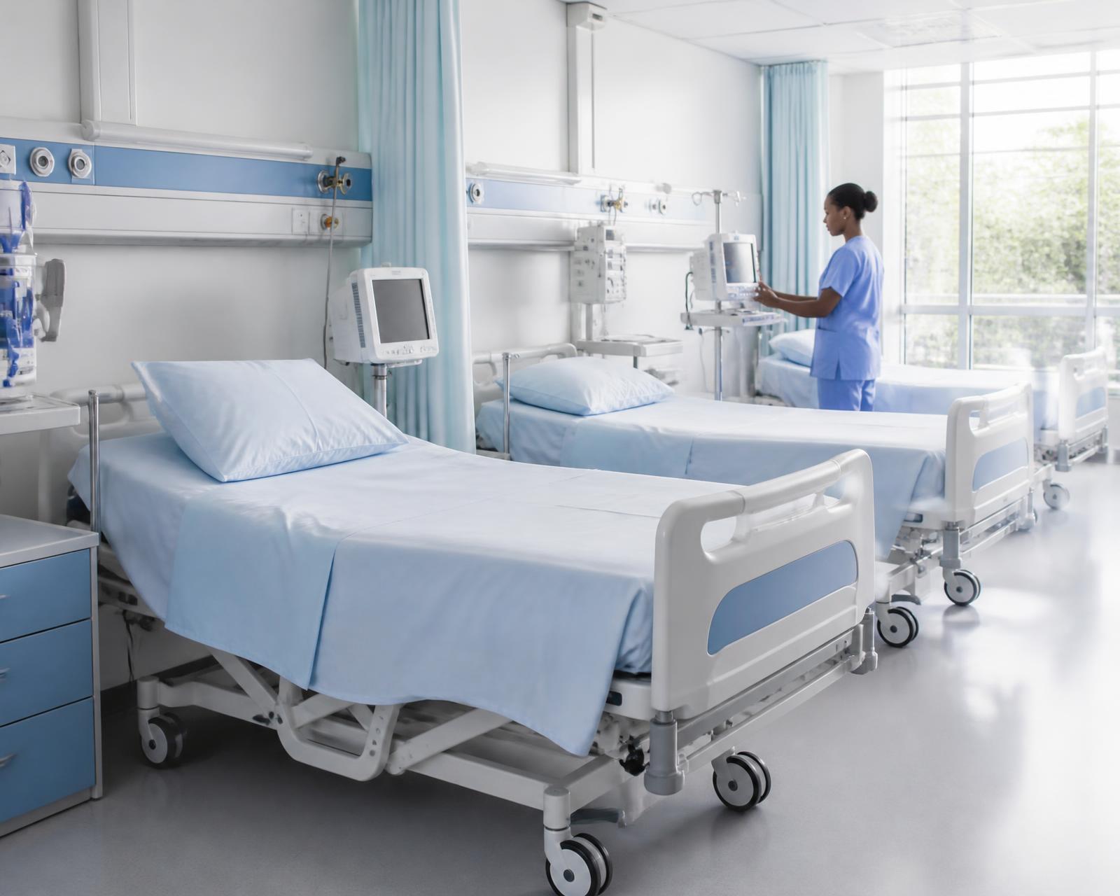 Spotless hospital ward with freshly made adjustable beds and bedside patient monitors, a nurse checking a monitor by the window