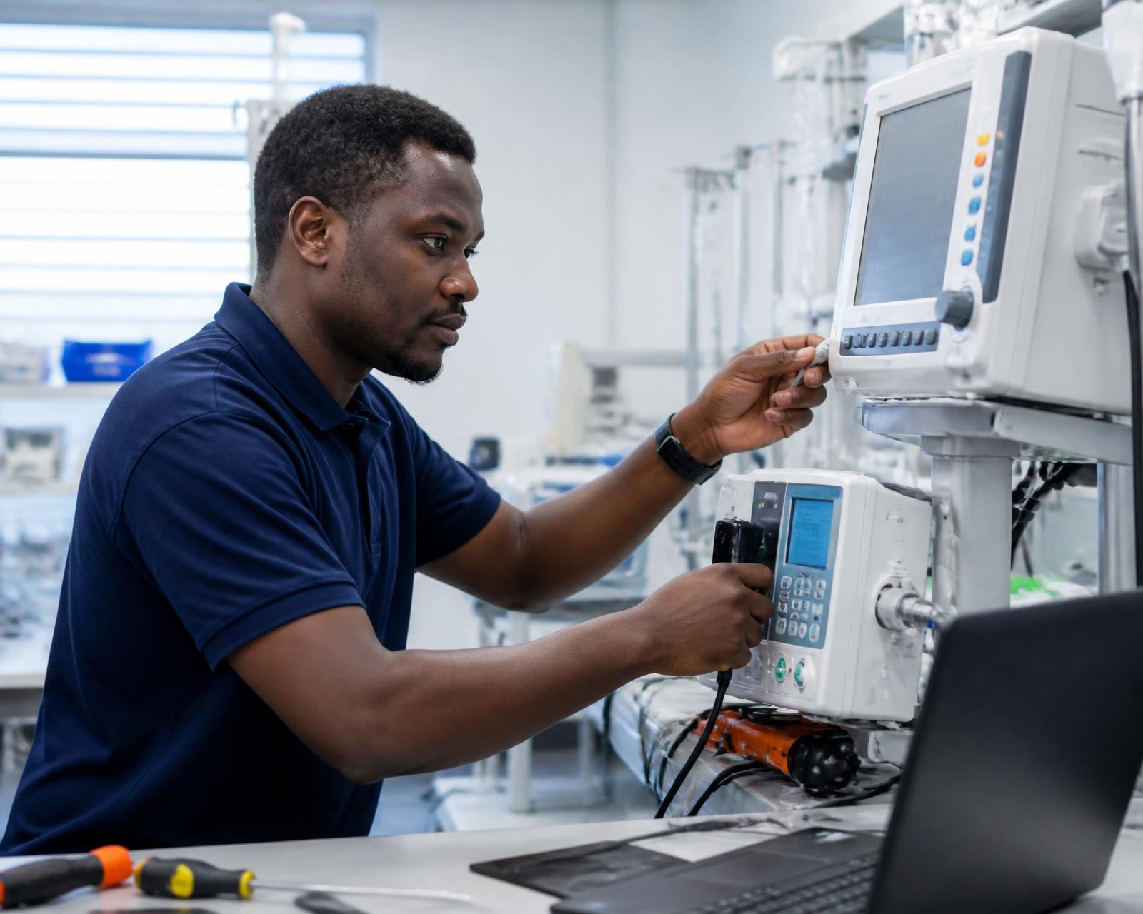 Biomedical engineer in a navy polo shirt calibrating a patient monitor and infusion pump at a clinic equipment bench